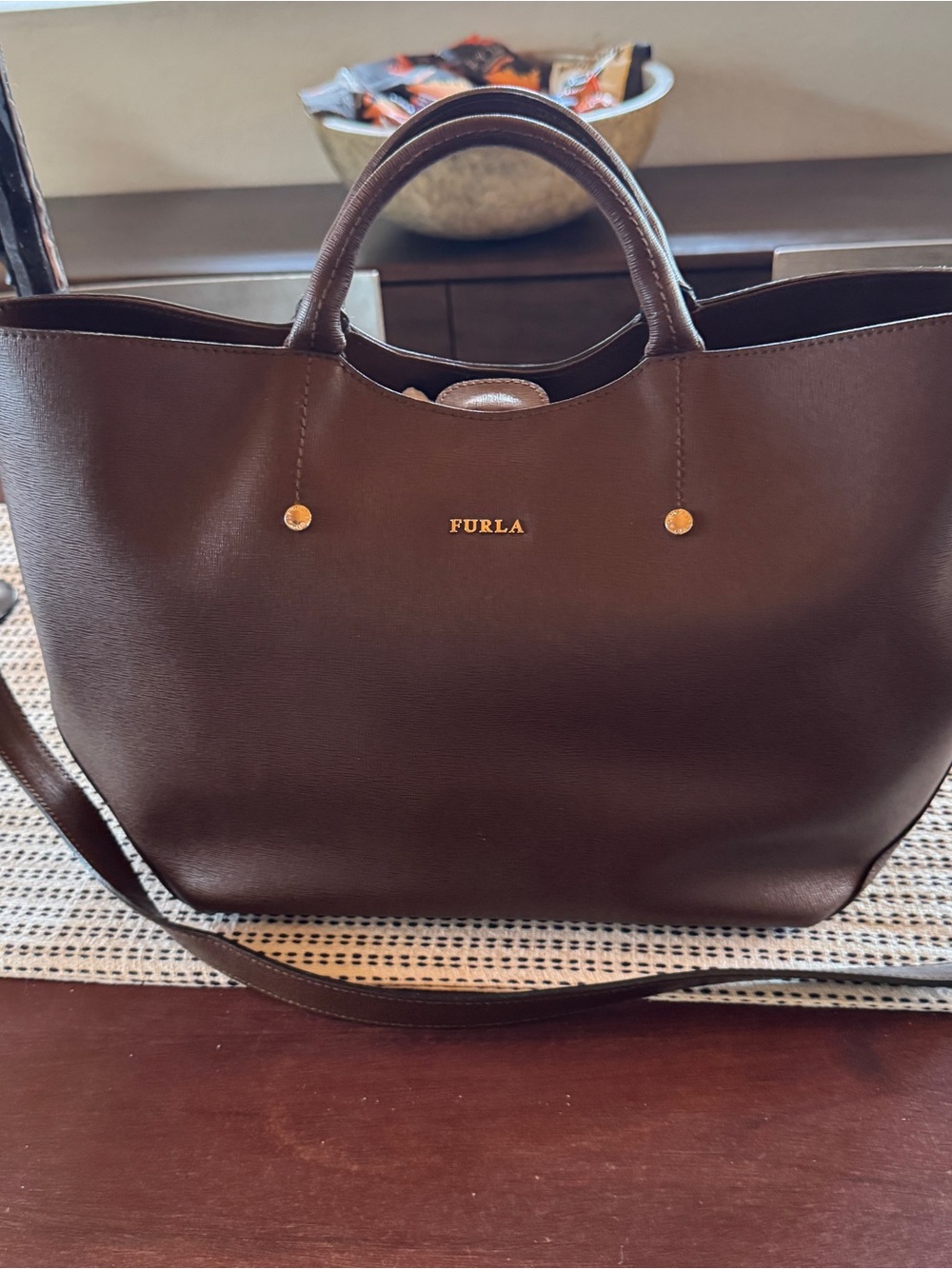 FURLA Italian Dark Brown Leather Tote with Gold Hardware. Like New